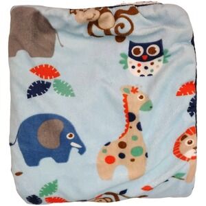 SL Home Fashions 119741 Blue Jungle Baby Blanket Giraffe Elephant Owl Monkey Boy